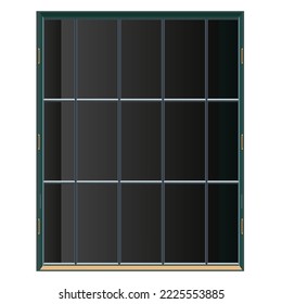 Large window in realistic style. Traditional shop facade. Front view. Showcase with transparent glass. Colorful vector illustration isolated on white background.