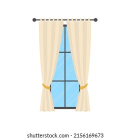 Large window with white curtains. Isolated Cartoon style. Vector illustration
