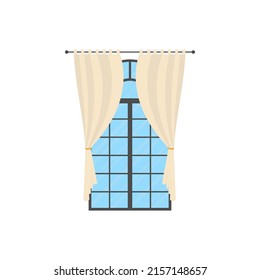 Large window with white curtains. Isolated. Flat style. Vector illustration