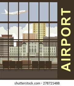 large windows Airport several chairs a nice view on the city buildings in the sky flying aircraft