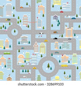Large winter Christmas town. Metropolis with office buildings and transport. Skyscrapers and public property. Snowfall. Santa and helpers bring gifts. Christmas tree and snowman, Elf and reindeer 