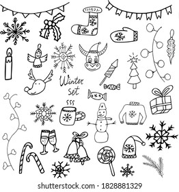 Große Wintersets aus Neujahr und Weihnachtsbildern. Cute Vektorgrafiken. Winterelemente für Poster, Aufkleber und Grußkarten. Einzeln auf weißem Hintergrund.