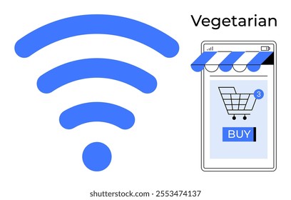 Large wireless symbol beside a smartphone screen displaying an online shopping cart with three items and a buy button under a striped awning. Ideal for online shopping technology convenience