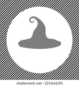 A large witch hat symbol in the center as a hatch of black lines on a white circle. Interlaced effect. Seamless pattern with striped black and white diagonal slanted lines