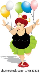 Large woman cheating on her scale exam, using colored balloons to do her lifting - vector illustration