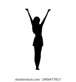 A large woman with hands up symbol in the center. Isolated black symbol. Vector illustration on white background
