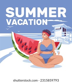 A large woman sits on the seashore near a large watermelon. Rescue cabin in the background. Vacation concept. Vector flat illustration