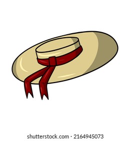 Large womens hat with a red bow, sun hat, vector illustration in cartoon style on a white background
