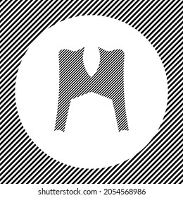 A large women's jacket symbol in the center as a hatch of black lines on a white circle. Interlaced effect. Seamless pattern with striped black and white diagonal slanted lines