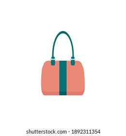 Large women's orange bag with green handle, isolated on white background. Stylish women's accessory. Vector illustration in flat style