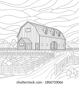 A large wooden barn with windows and an extension, fence, a plowed field, a yard and plants. Rural architectural illustration on white isolated background. For coloring book, stories.