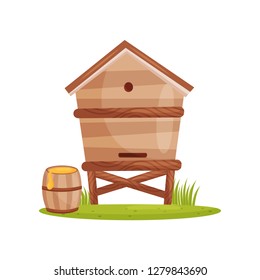 Large wooden beehive and barrel with sweet honey. Bee house. Farm and apiary theme. Cartoon vector design