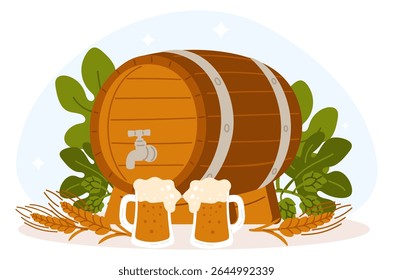 Large wooden beer barrel. Ingredients for brewing ale. hop leaves. Wheat ear. Pub pint. Glasses with foamy beverage. Alcohol drink. Brewery wood cask. Oktoberfest lager