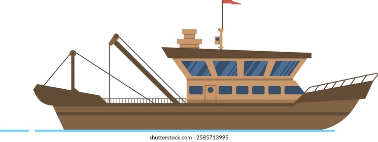 Large wooden fishing boat sailing on calm blue water, equipped with fishing gear and a red flag waving in the wind, representing the commercial fishing industry and seafood production