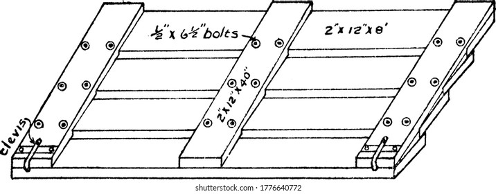 Large wooden frame having flat base used to compacts the soil and smashes clods, vintage line drawing or engraving illustration.
