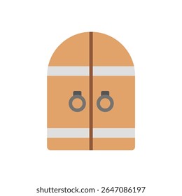 Grande portão de madeira reforçado com parafusos de metal e dobradiças rústicas, lembrando um antigo castelo ou entrada de calabouço. Ideal para mapas, fortalezas ou cenários medievais.