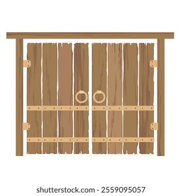 A large wooden gate with two doors and iron handles. Entrance gate on a white background. Illustrated vector clipart.
