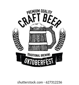 Large wooden mug of craft beer Beer emblem for pub, bar, beer label Hand drawn illustration for Oktoberfest