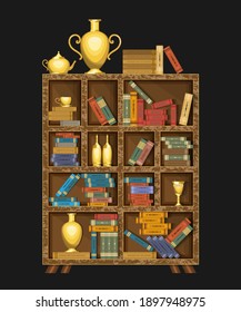 Large wooden shelving with many hardback books and decorative objects. Home library. Vector illustration