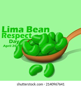 Ein großer hölzerner Löffel voller grüner und frischer Limabohnen mit falten Texten auf grünem Hintergrund, Tag des Respekts der Lima-Bean 20 April