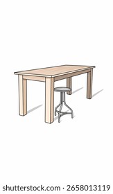 Grande mesa de madera y simples sillas redondas. Muebles interiores simples 