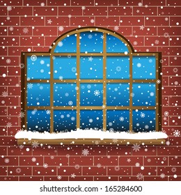 The large wooden window and falling snow, winter theme.