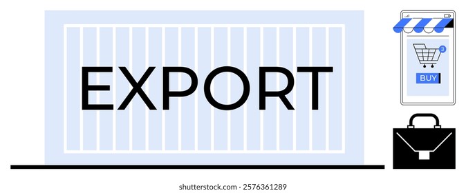 Large word EXPORT on shipping container. Smartphone with shopping cart symbol and suitcase. Ideal for trade, logistics, e-commerce, business management, global shipping. Flat illustration style