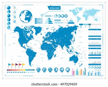 Large World Map and infograpchic elements. Vector illustration.