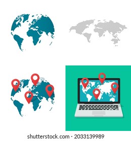 Large world map shape vector set as globe earth gps location navigation pin pointers and online digital geography on laptop computer screen flat cartoon illustration isolated