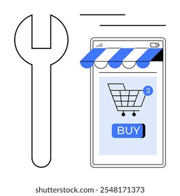 Large wrench beside a mobile device with an online shopping cart and buy button. Ideal for e-commerce, mobile apps, online shopping, digital marketing, and technical support themes. Minimalist