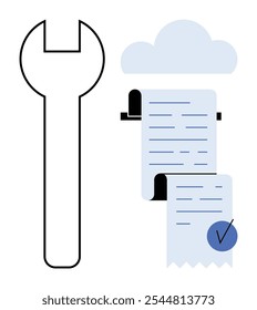 Large wrench next to cloud with printed receipts. Receipt has blue check mark. Ideal for digital maintenance, cloud billing, online payments, tools, cloud technology. Simple and clean style