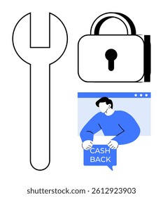 Large wrench, padlock, and man in a web browser window with a cash back message. Ideal for technology, security, e-commerce, financial services, and online tools. Modern vector style