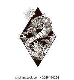 Large wriggling dragon contour pattern for tattoo, poster, sticker, print on clothes.