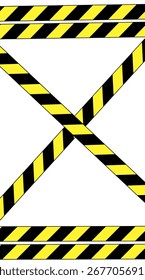 Ein großes X wird durch gelb-schwarz gestreiftes Warnband gebildet. Ein größerer Teil des Bandes verläuft horizontal am oberen und unteren Rand des Rahmens