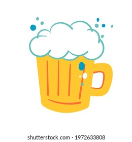 Large yellow cartoon beer mug with volumetric foam, vector illustration in a flat style, isolated elements on a white background. Vector illustration for postcards, posters, clothing, decoration.