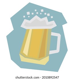 Large yellow cartoon mug of beer on a blue background. Large amounts of bubble foam float on the beer. Octoberfest.Vector illustration in flat style for postcards, posters, clothes, decorations.