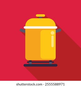 Large yellow cooking pot with lid sitting on stove top burner, in flat design style