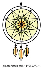 A large yellow dream catcher wall hanging modern home decoration with colorful plastic beads and natural materials processed into exquisite handicrafts, vector, color drawing or illustration. 