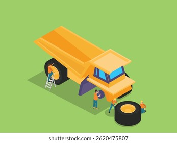 a large yellow dump truck undergoing tire maintenance 3d isometric illustration