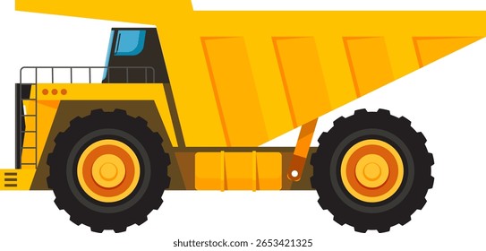 Large yellow dumper truck working in mining industry, transporting minerals and other resources, heavy machinery used for industrial purposes