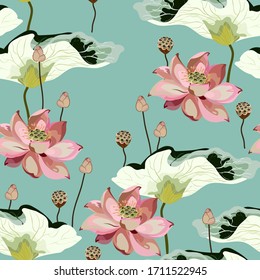 Large yellow flowers, inflorescences, buds and lotus leaves on a light blue turquoise color background. Vector seamless floral illustration. Square repeating design template for fabric, wallpaper