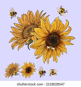 large yellow flowers sunflower plants and bumblebees flying above them