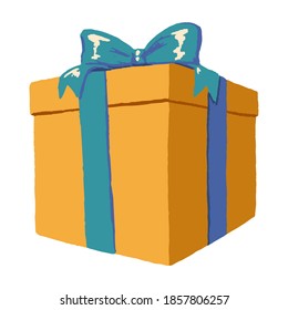 Large yellow gift box with a blue bow. Hand drawn vector single illustration. Colorful simple flat element isolated on white. Object for design, print, decor, card, sticker, banner, wrap, advertising.