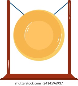 Large yellow gong with a mallet suspended on a red frame. Traditional musical instrument vector illustration.