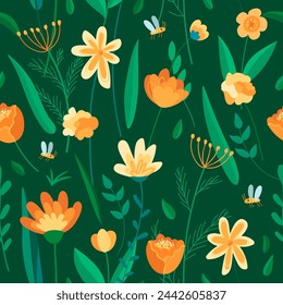 Large yellow and orange flowers on a green background. Spring seamless pattern. Template for fabric, paper, textile. Vector illustration in modern style. 