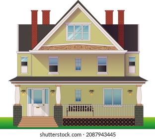 Large yellow private house. Front view. Vector illustration isolated on white background.