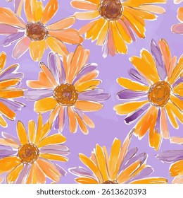 Large yellow and purple flowers with orange accents, watercolor flower seamless pattern. Watercolor print in rustic vintage style, textile or wallpaper.  