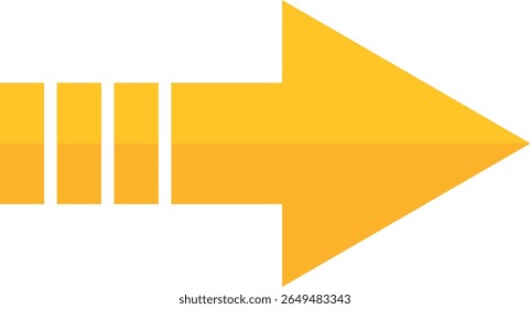 Large yellow right-pointing arrow with three vertical yellow bars on the left side, illustrated in a clean flat style, ideal for navigation, guidance, or movement-themed visuals