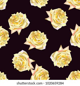 Large yellow roses on the dark red background. Stock vector illustration. Floral seamless pattern