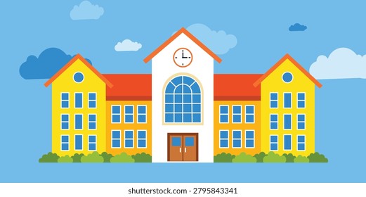 Large yellow school building with clock tower and red roof. Blue sky background, education institution vector illustration. Campus, classroom concept for back to school, learning design projects.